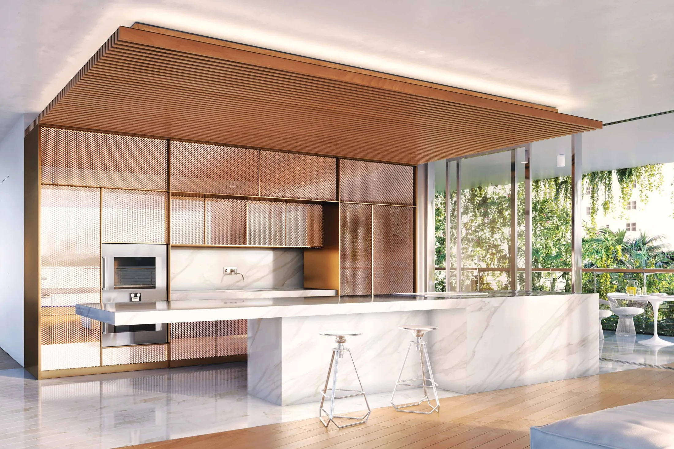 A kitchen under a slatted wood canopy, bronze mesh cabinet fronts and a cantilevered Calacatta Gold island
